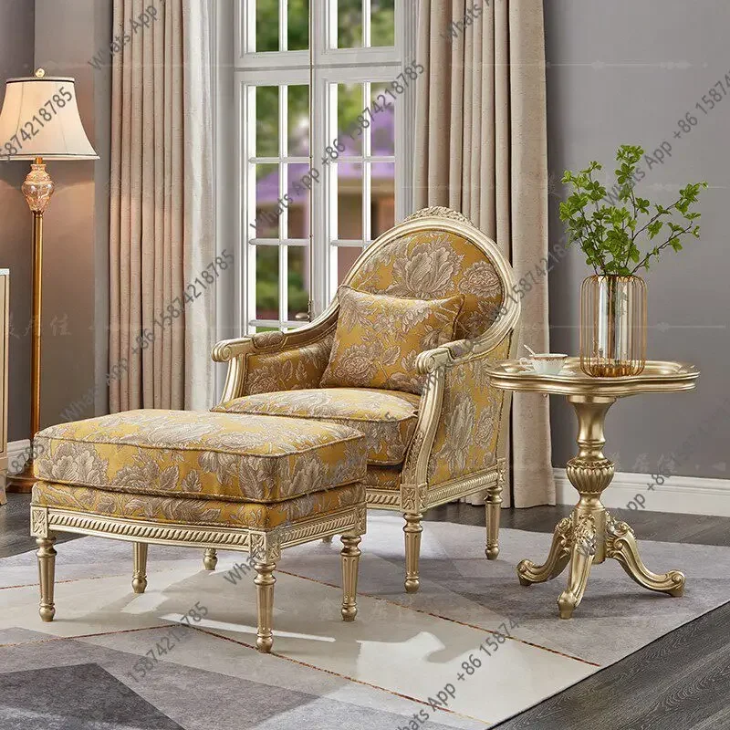 40 American Retro Solid Wood Casual Embroidery Fabric Single Sofa French Champagne Engraved Backrest Chair