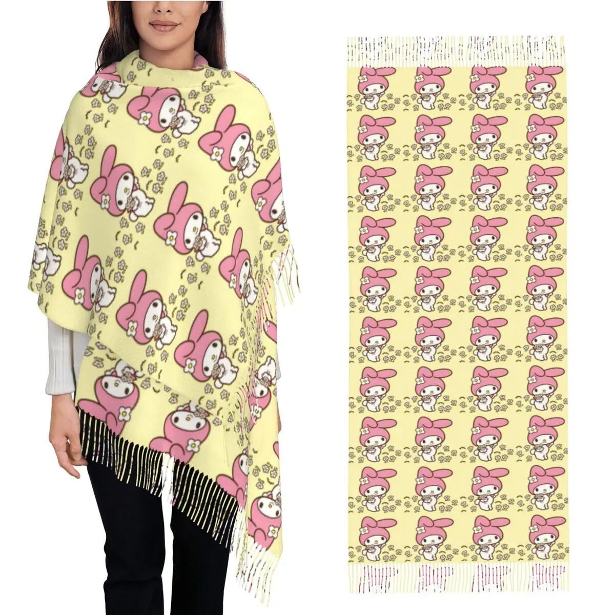 Sanrio My melody Women Scarf Outdoor Headwear Scarves with Long Tassel y2k Funny Shawls and Wrap Autumn Printed Bandana