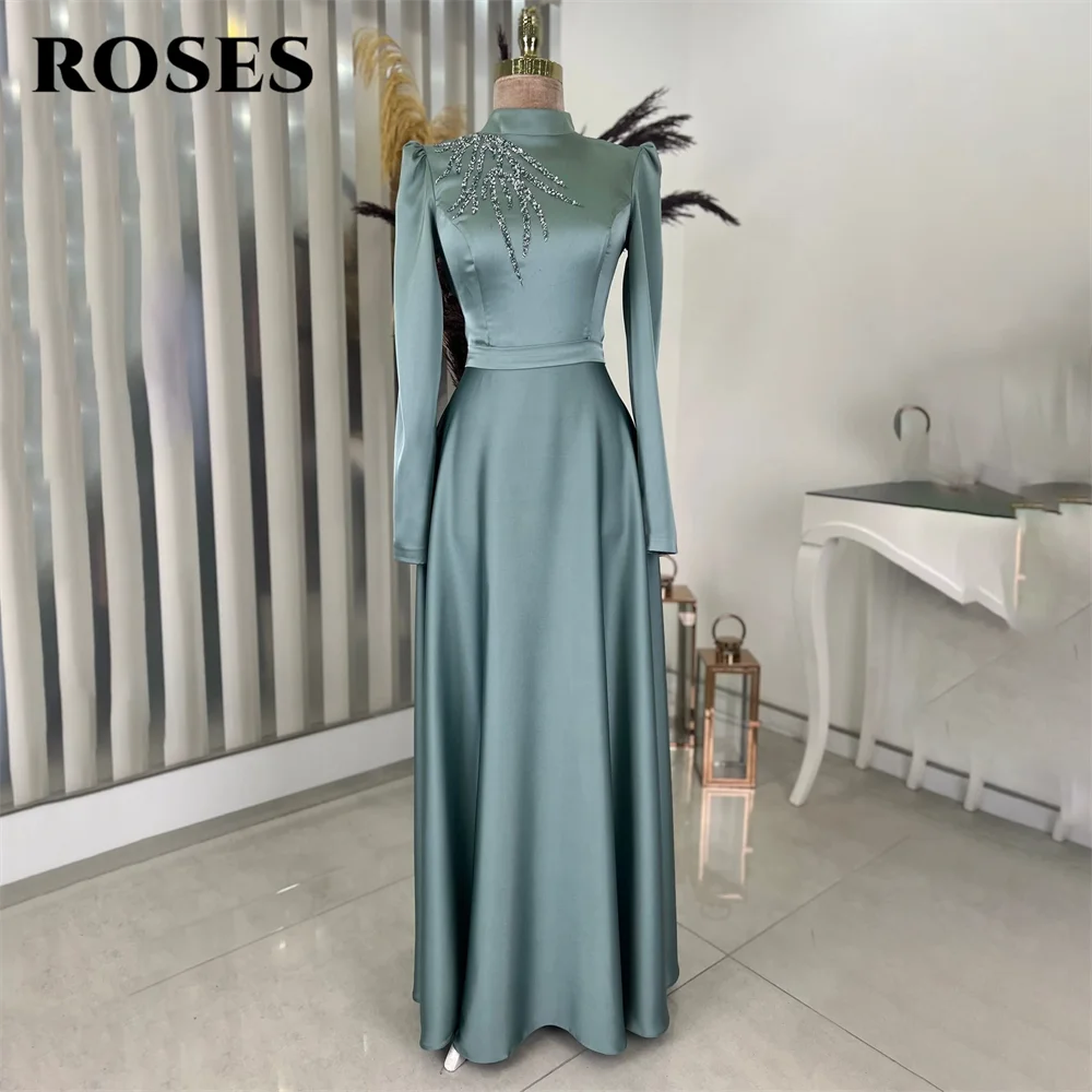 

ROSES Green Stain Long Party Dresses A-Line High Muslim Night Dresses Regular Full Sleeve Celebrity Dress for Woman Customized