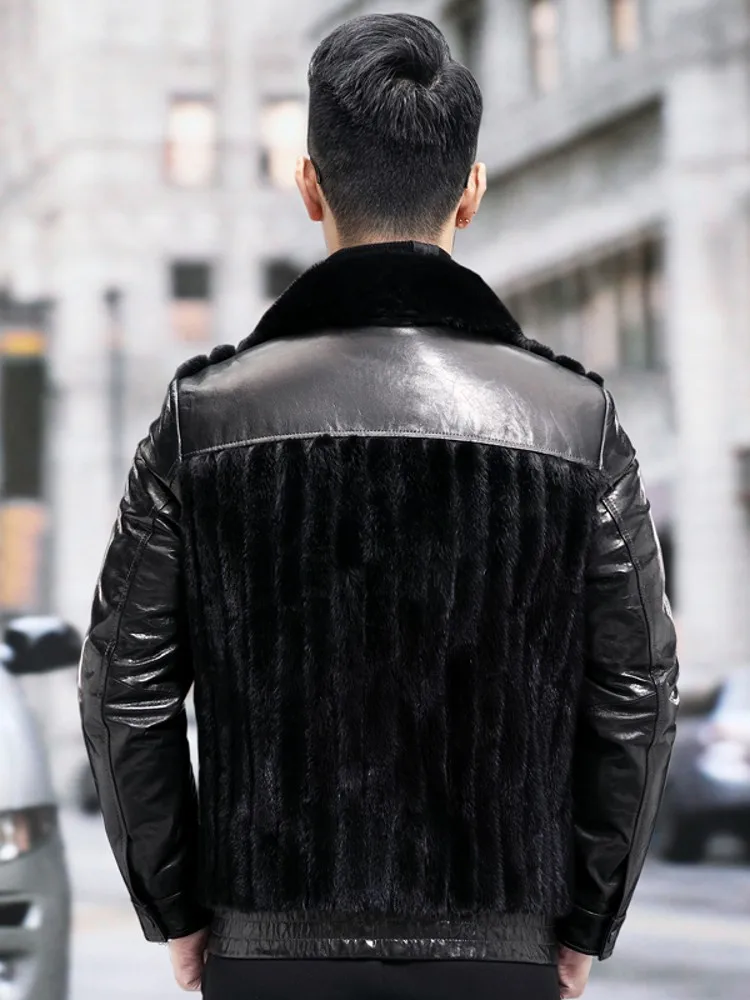 Winter Men Warm Real Mink Fur Down Jacket Slim Fit Patchwork Goatskin Genuine Leather Coat Luxury Business Work Overcoat M-5XL