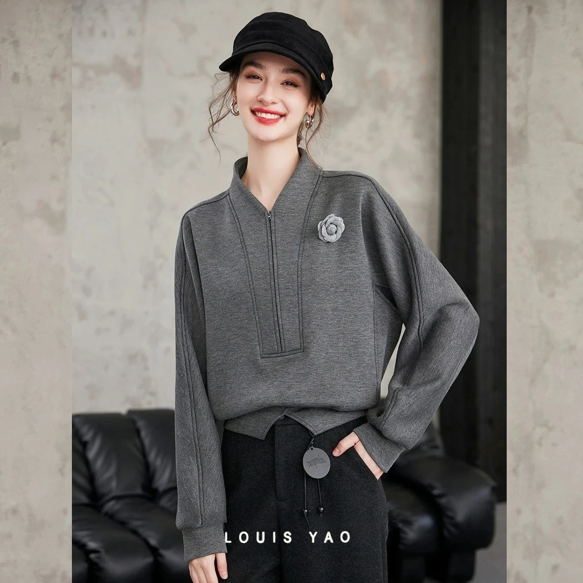 LOUIS YAO  Women's Pullover  2026 Autumn/Winter Thickened Sweatshirt Casual Half-Zip Slightly Stretch Sweatshirt