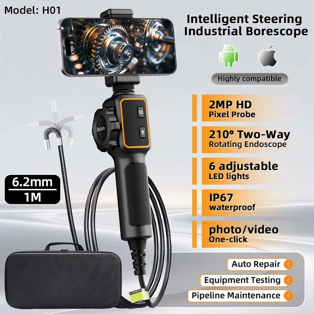 

RE300 6.2mm Lens Two‑way 210° Articulating Endoscope Camera 2.0MP with 6 LEDs and 1m Snake Tube for Android and iOS