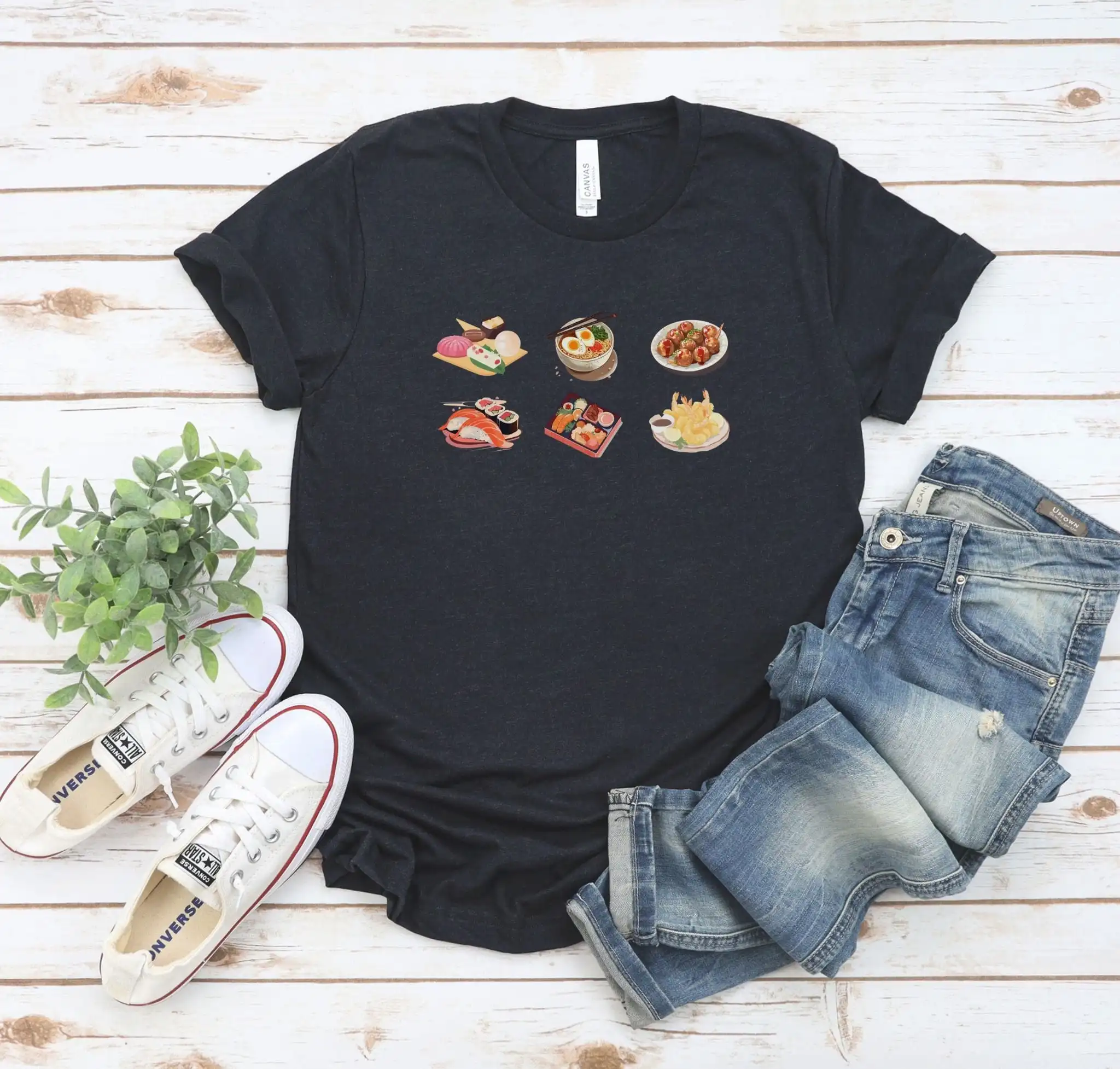 Japanese Foods T Shirt Features Rice Cakes Ramen Takoyaki Sushi Bento Box And Tempura For Food Lover Or Foodie Kawaii