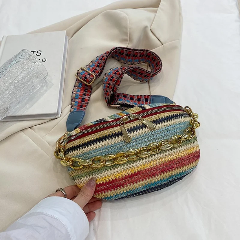 Aesthetic Straw Braid Striped Fanny Packs For Women Luxury Chain Waist Bag Female Woven Design Waist Pack Ladies Chest Bag 2023