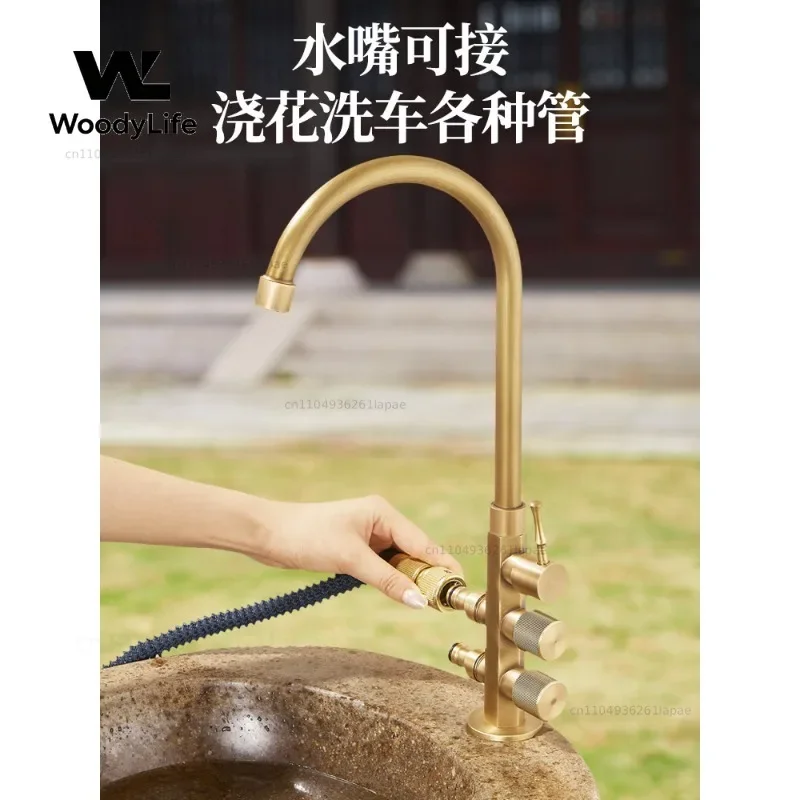 Antifreeze Crack Antique All-copper Outdoor Faucet One in Three Out Courtyard Wash Basin Stone Basin Garden Outdoor Faucet