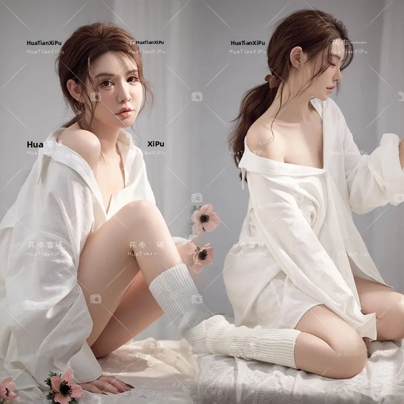 

Белая женская рубашка для студийной фотосъемки, портретная одежда, домашняя одежда, легкий эмоциональный художественный образ, этнический сценический костюм