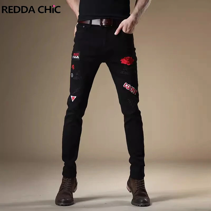 REDDACHIC Red Rose Embroidered Straight Jeans for Men Skinny Stretch Retro Black Denim Pants Youth Chinesechic Hiphop Streetwear