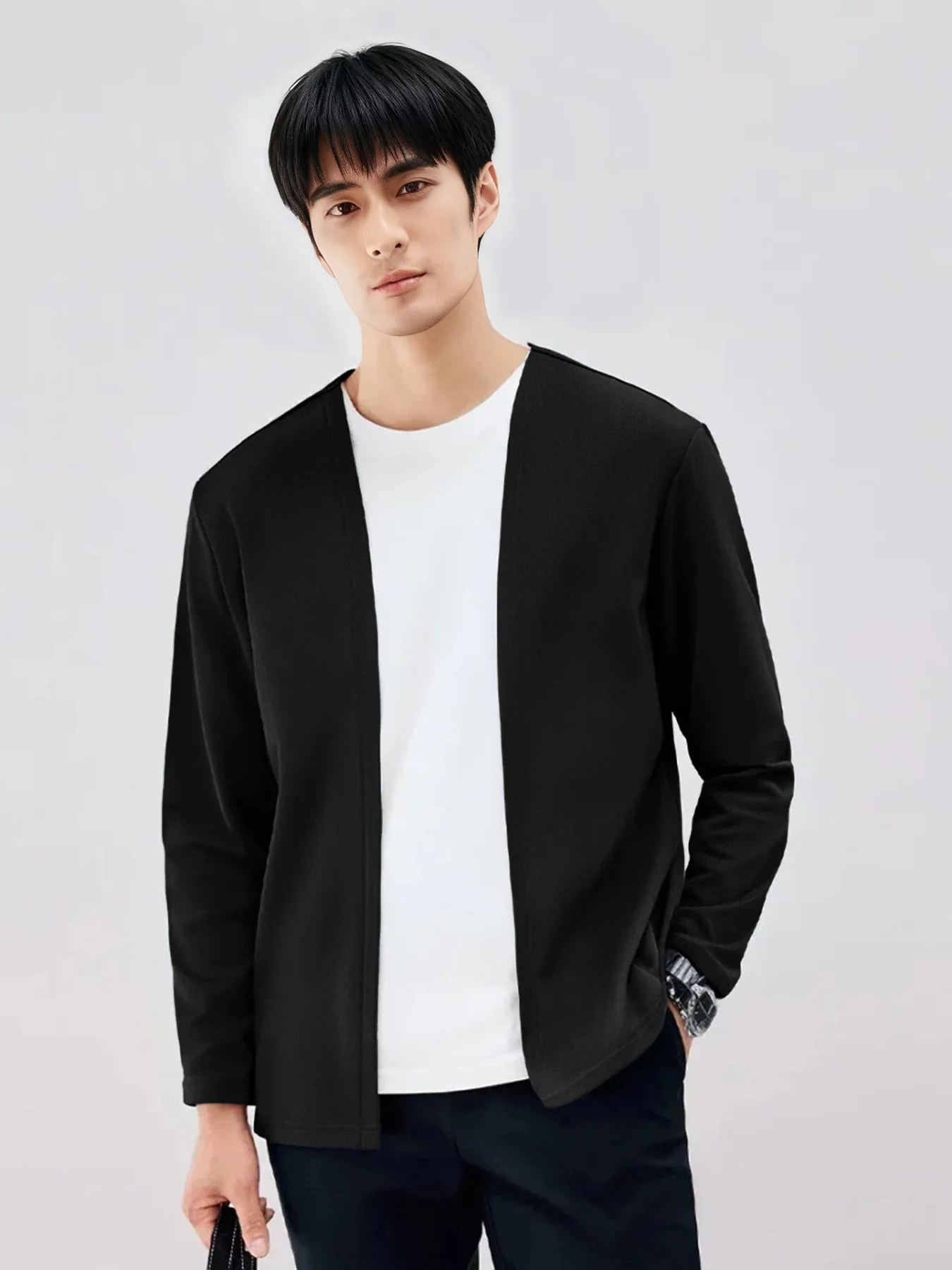 

Men's Spring Knit Cardigan Jacket, Fashionable Korean Style, Casual, Collarless, Buttonless, Simple and Versatile