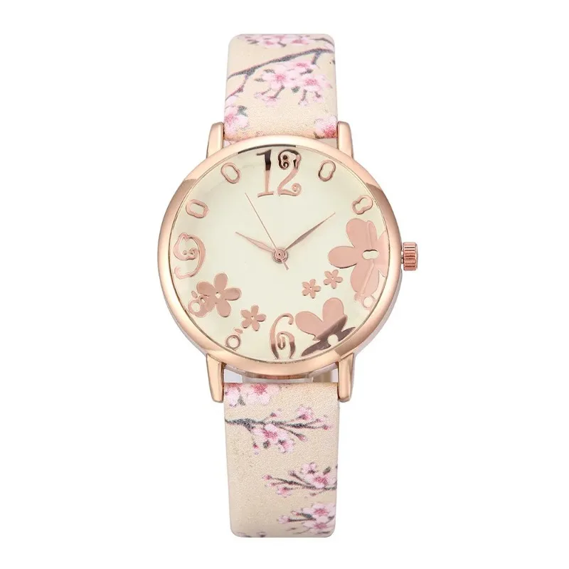 Montre en cuir avec cadran imprimé de fleurs en relief pour femme, ceinture colorée, quartz exquis, tendance de la mode