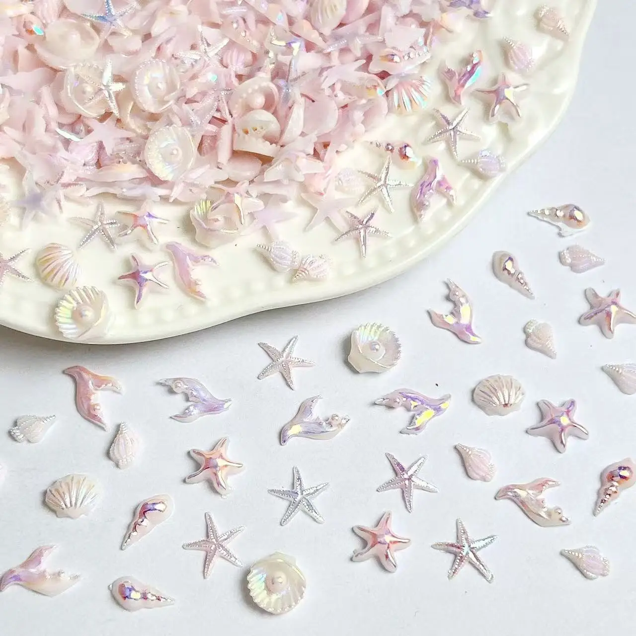 100Pcs Pink Ocean Resin Charms Starfish Shell Mermaid Tail Flatback Cabochons DIY Nail Phone Case Decoden Supplies