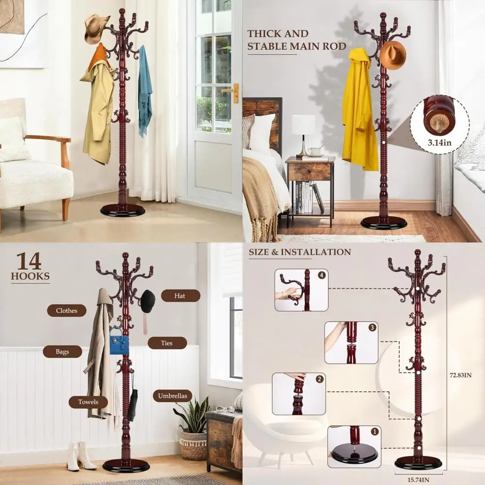 Freestanding Wood Coat Rack with 14 Hooks, Natural Tree-Style Stand for Entryway, Easy Assembly