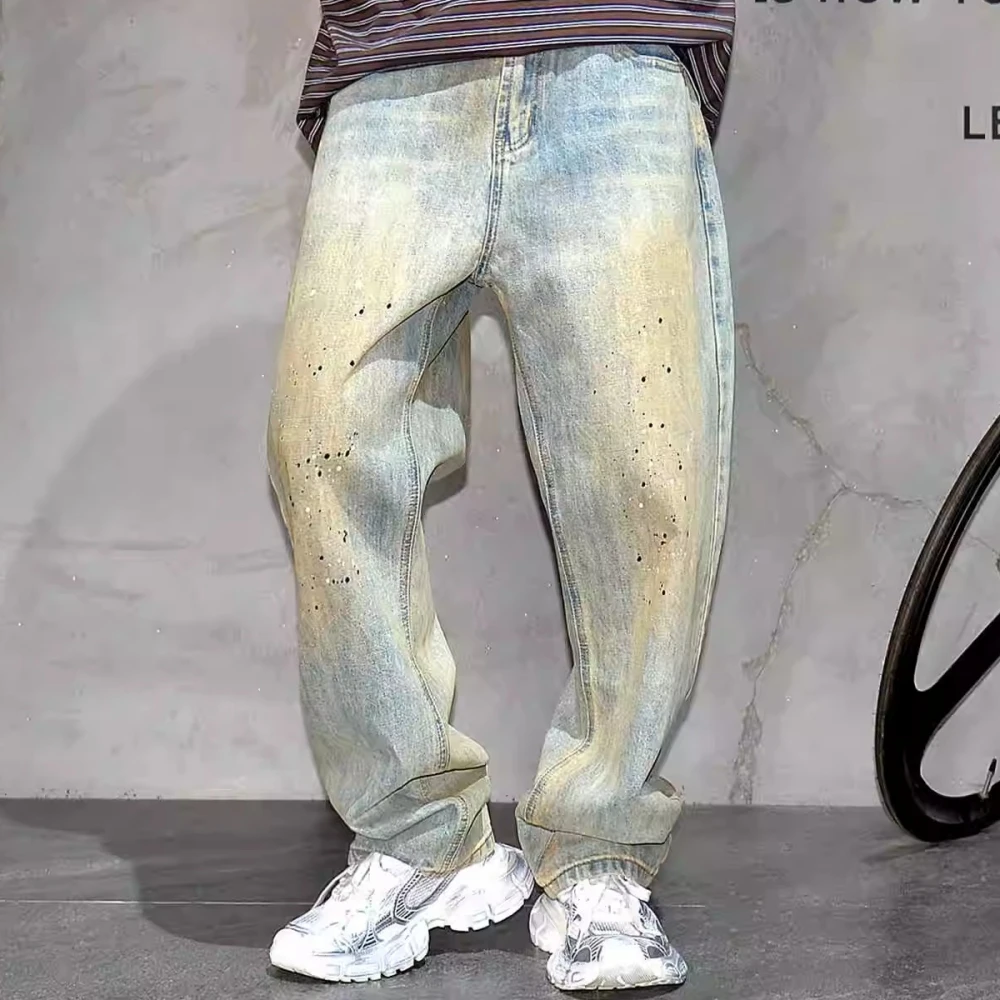 Amerikaanse vintage noodlijdende verf dot jeans met rechte pijpen herenkleding streetwear baggy denim broek harajuku casual broek
