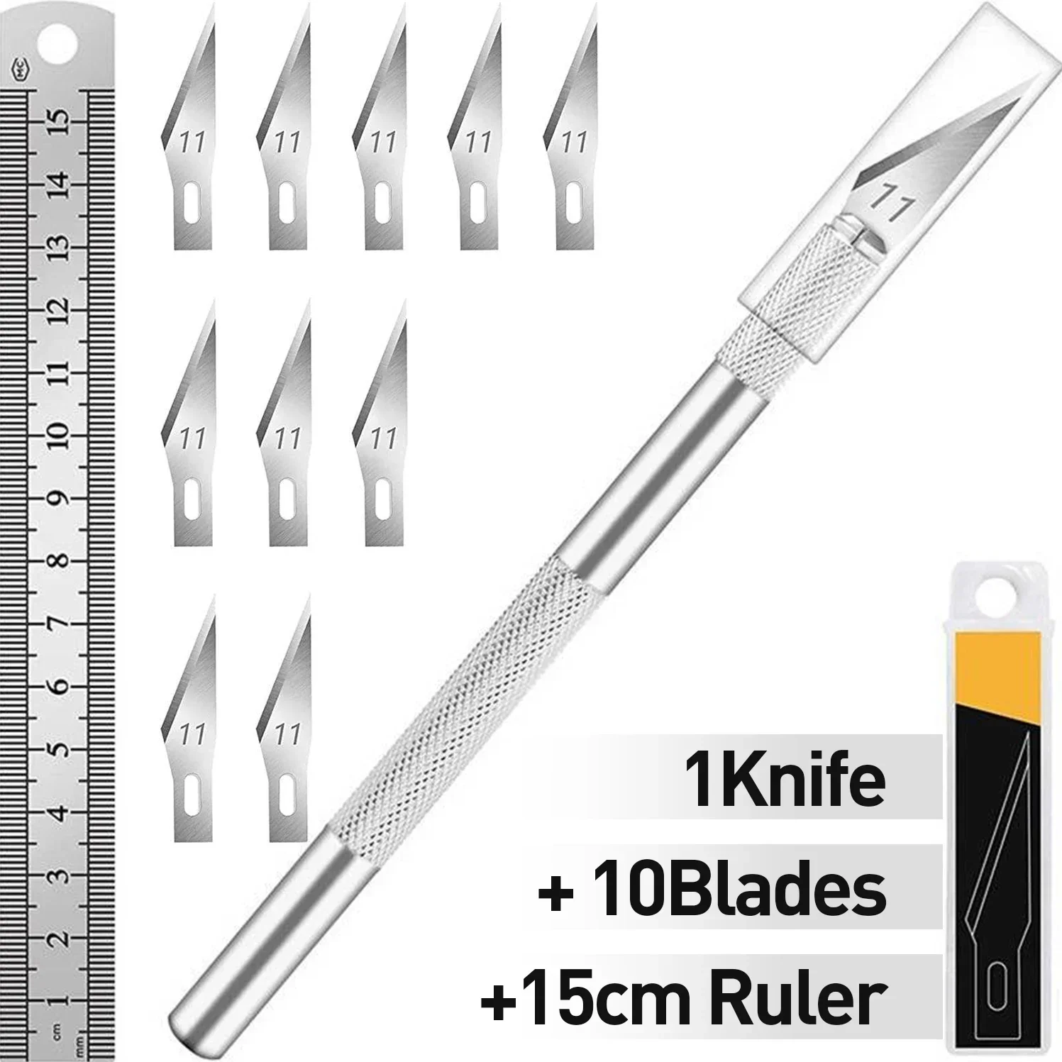 1 Faca Artesanal de Aço Inoxidável, 1 Faca Hobby Tipo Exacto, Kit de Lâminas Exacto de Aço, 1 Régua de Aço de 15CM para Arte