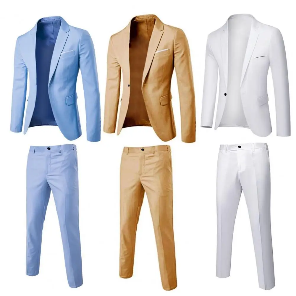 2Pcs/Set Groom Suit Pure Color Wedding Blazer Pant Set Slim Men Formal Business Dress Suit Long Sleeve Male Prom Suit for Banque