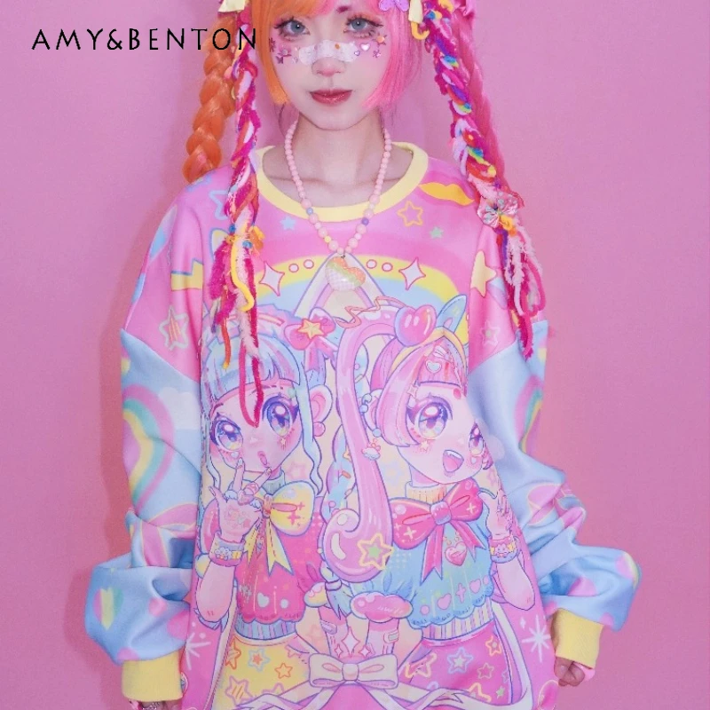 

Original Design Japanese Colorful Cartoon Anime Print Long Women's Pullovers Autumn Sweet Cool Versatile Slimming Sweatshirt
