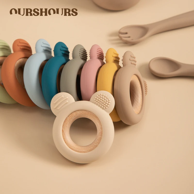 1PC Baby Silicone Wooden Teether Ring Cute Bear Infant Nursing Teething Toys Newborn Health Care Chewing Toy Baby Accessories