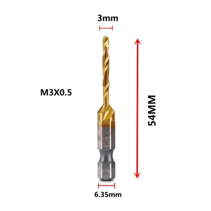 M3x0.5Mm 六角シャンクチタンメッキ HSS ねじ山メートルタップドリルビットねじ機械複合タップオープン面取りツール-AT64