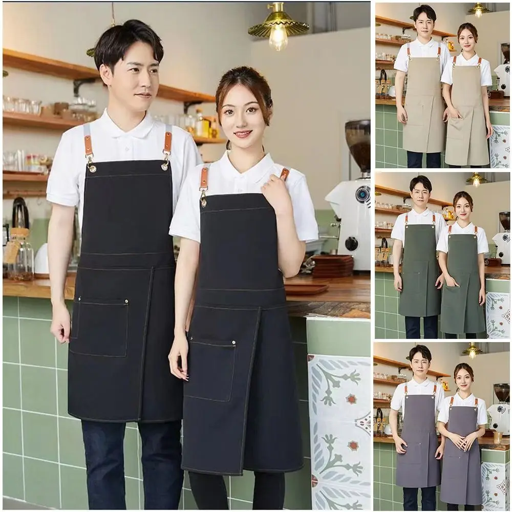 

Stylish Waterproof Chef's Apron Canvas with Pockets Work Apron Solid Color Split Skirt Design Uniform Apron for restaurants, caf