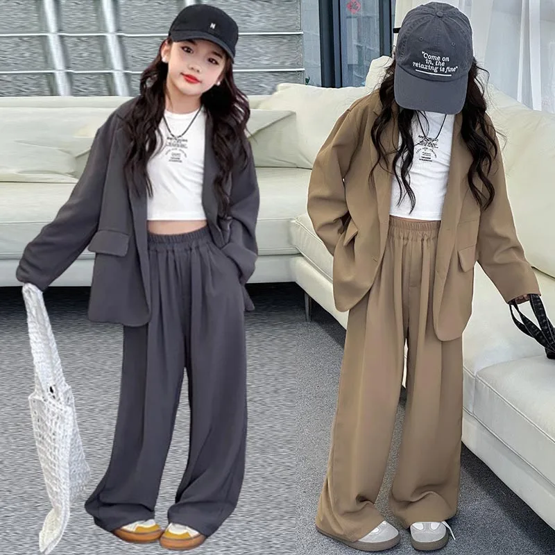 School Teenage Girls Suit Spring Autumn 5-13 Years Kids Boutique Clothes Simple Stylish Premium Blazer Trousers Two Pieces Set