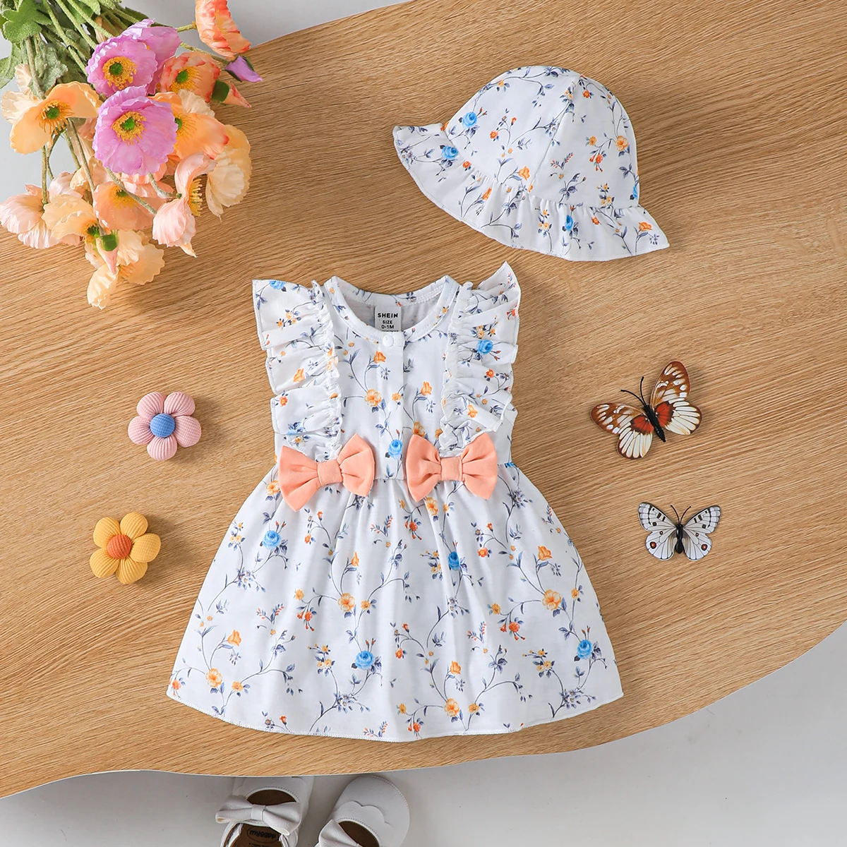 Babykleidung, Babykleid für Mädchen mit Rundhalsausschnitt, Rüschen und Schleife, Freizeitkleid + Hut-Set, geeignet für weibliche Babys im Alter von 0-9 Monaten