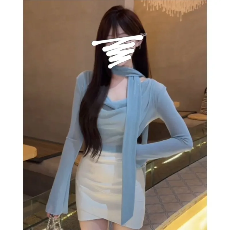 Autumn New Pure Desire Simple Long-sleeved Base Layer For Women  Flowing Belt Slimming And Youthful T-shirt Top