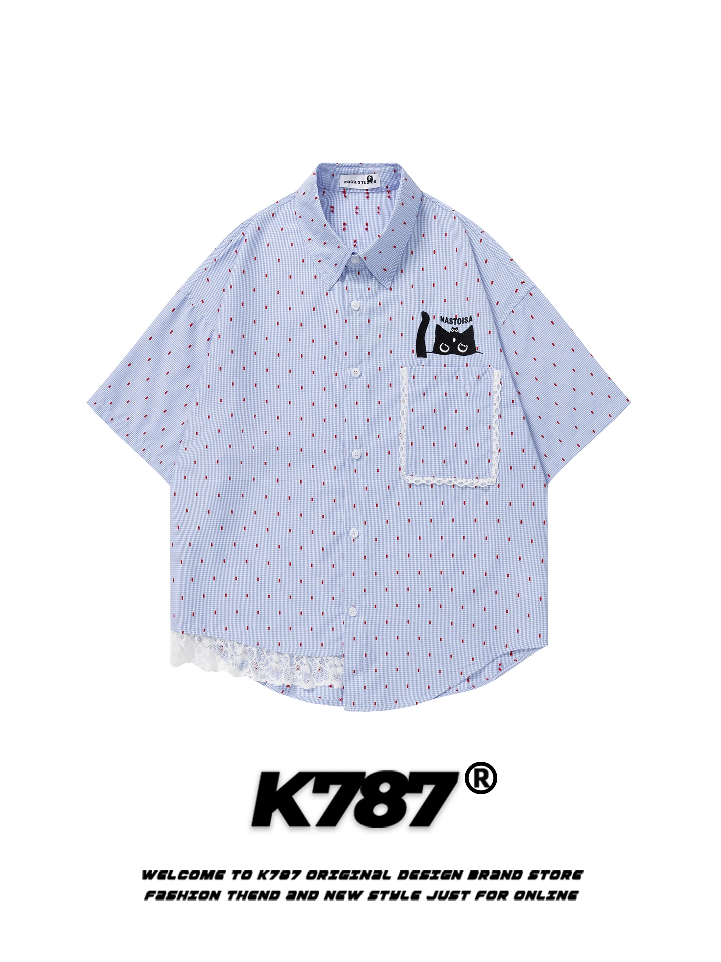 

K787 American Retro Embroidery Plaid Floral ort Sve irt Men Women Lace Splicing Couple Tops Outerwear Casual Sle