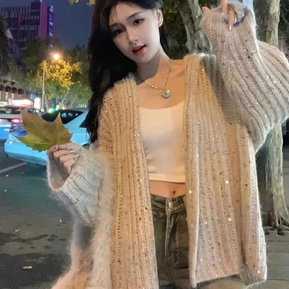 Korean Sequin Cardigan Jackets for Womenn Oversize Sueter Mujer Hooded Fashion Femme Autumn Winter Clothing Knitted Sweater Coat