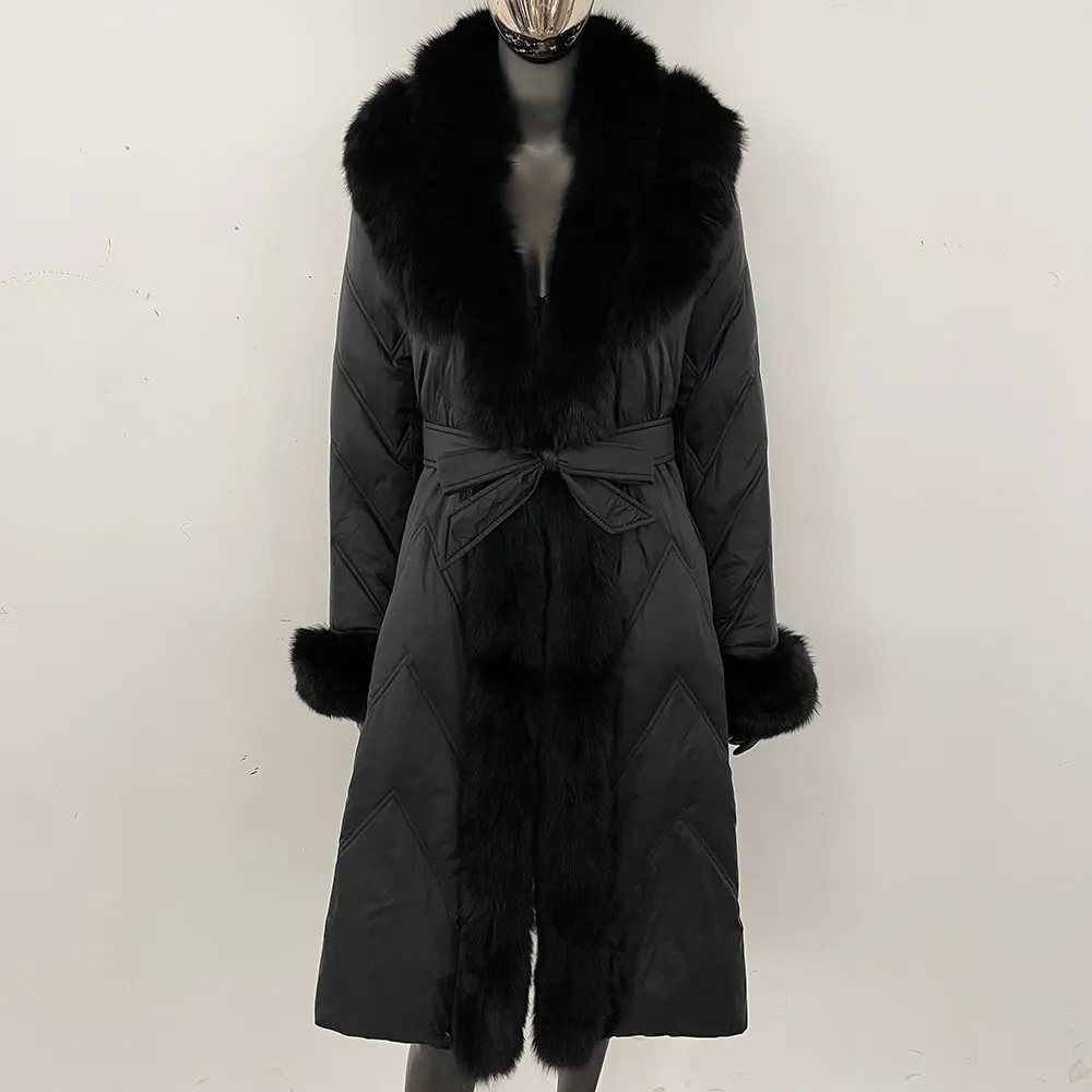 المرأة الأبيض أوزة أسفل سترة طويلة سترة منفوخة ريال فوكس الفراء رفض طوق الشتاء الواقع معطف الفرو سميكة معطف حزام دافئ