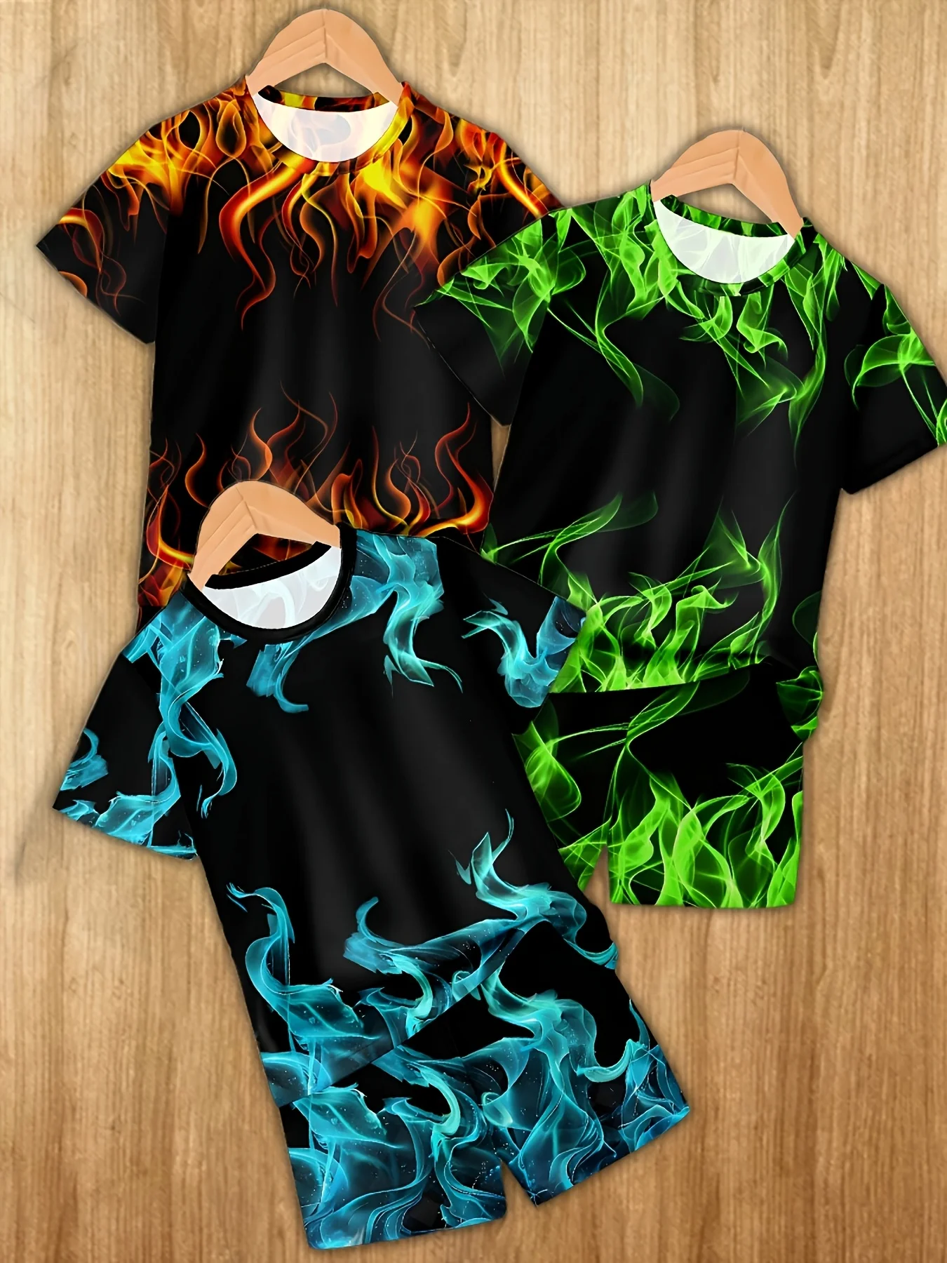 3D Flame Printed Casual Clothing T-shirt and Shorts Set with Bright Colors Suitable for Summer Clothing