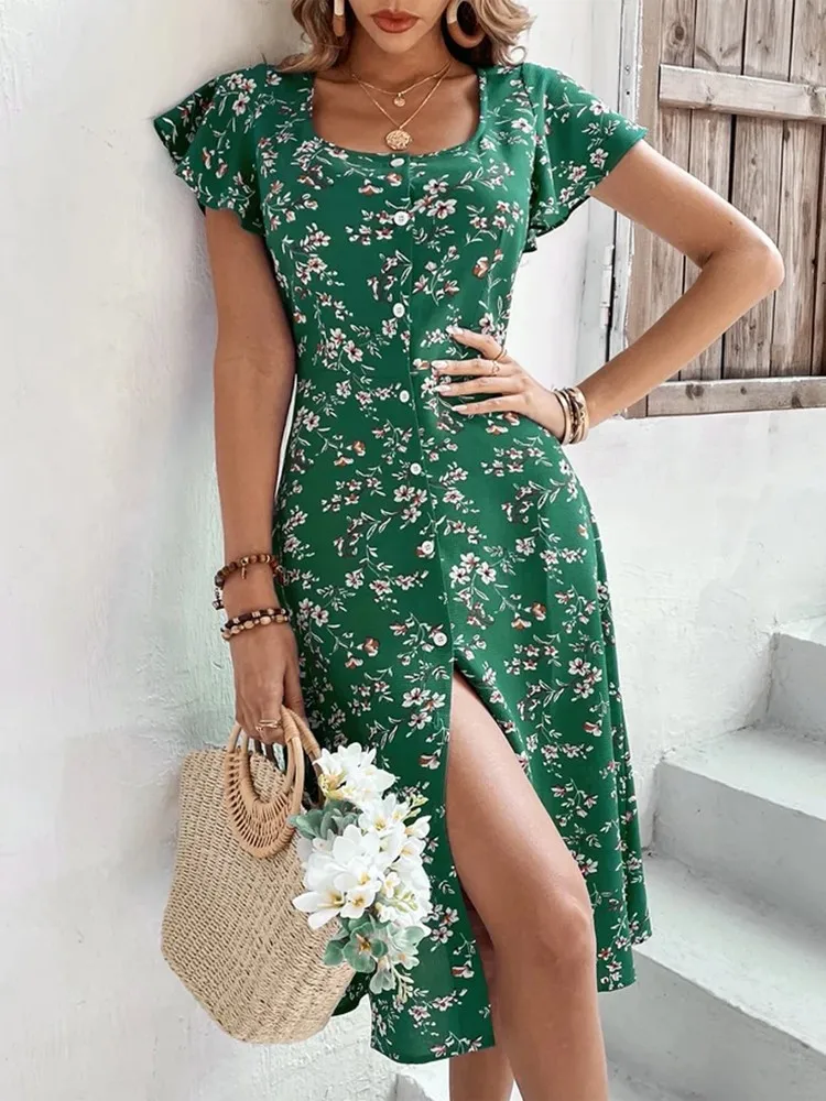 Robe d'été à fleurs style Boho pour femmes, nouvelle mode, col carré, manches évasées, mi-longue, vacances, plage, chemise décontractée