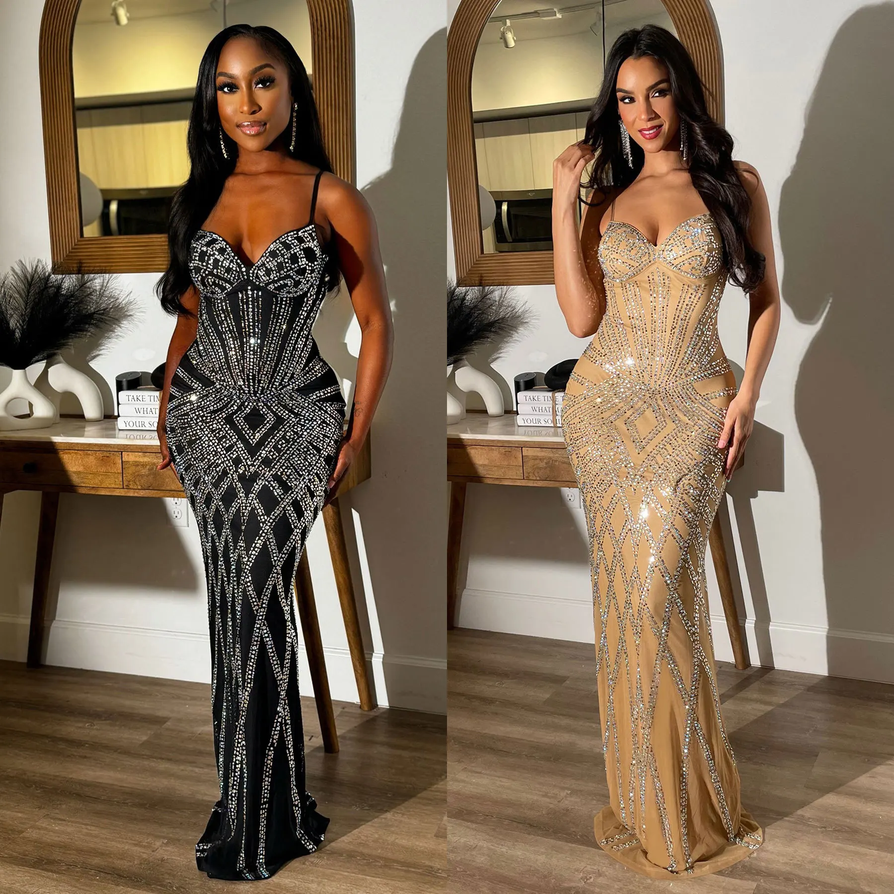 

EINY Luxury Apricot Evening Celebrities Dress Mesh Rhinestone Backless Sexy Mermaid Birthday Party Prom Long Dresses Gorgeous