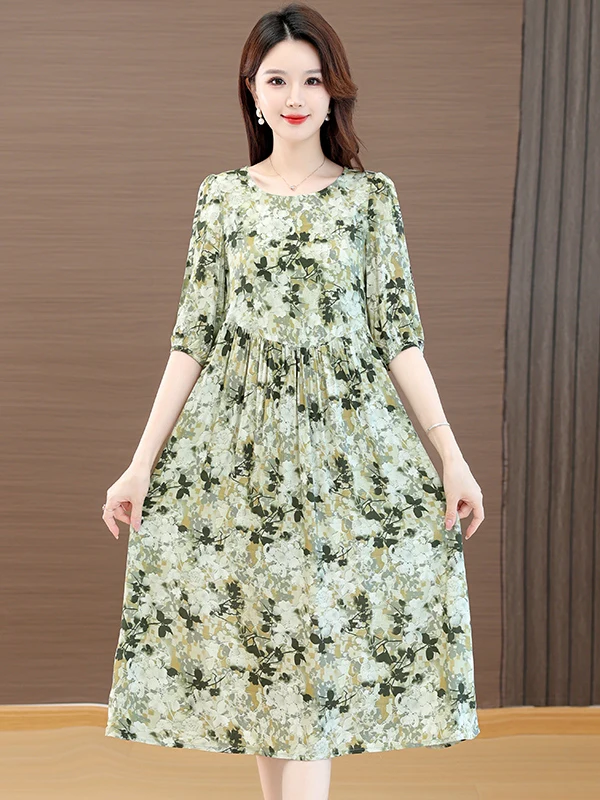 فستان صيفي جديد لعام 2025 بتصميم فضفاض ومقاس كبير، أنيق وعصري من القطن والحرير الصناعي، تنورة متوسطة الطول للسفر