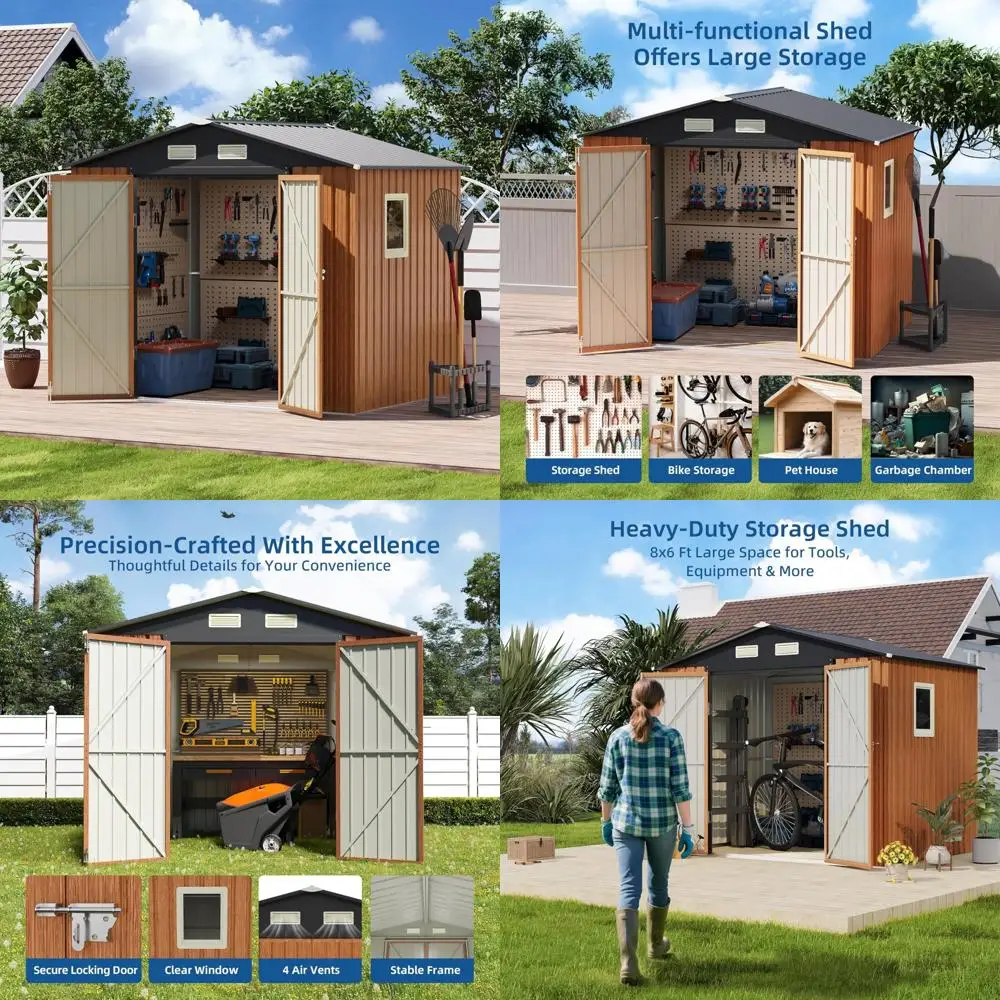 

Большой уличный металлический навес для хранения вещей с запираемыми дверями и окном для заднего двора, патио и лужайки