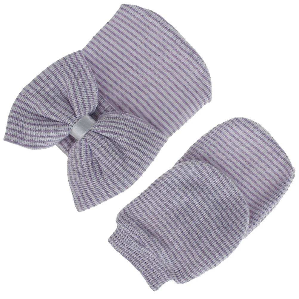

Adorable Knit Baby Hat and Glove Set with Bowknot Trim for Infant Girls Purple White Cozy Wearable Gift Baby Knit Glove