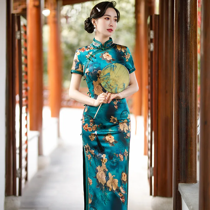 

High-End Quality Real Silk Cheongsam Qipao Women's Improved Retro Dress Long Chinese Chi-Pao