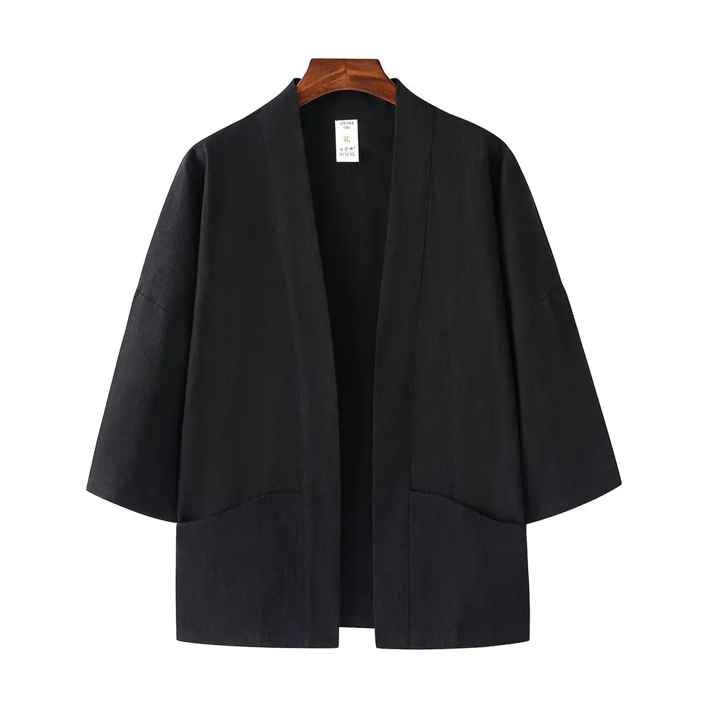 Relaxed Men's Linen-Cotton Cardigan Drop Shoulder Design & Knot Closure for Tai Chi/Tea Ceremonies Coat Minimalist Hanfu Look