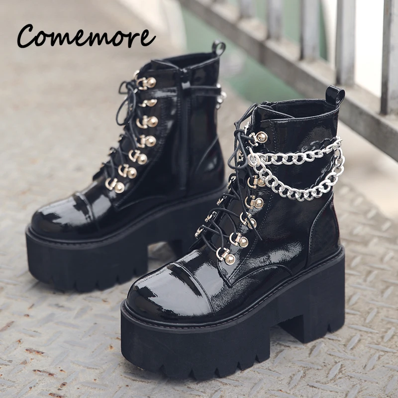 Comemore Lace-up Winter Ankle Boots Gothic Patent Leather Zipper Sexy Chain Motorcycle Women\'s Boot Women Punk Platform Shoes 42