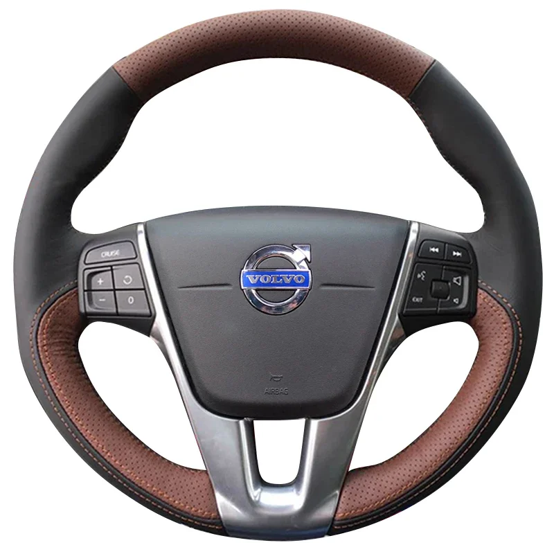 

Для Volvo XC60 S60 V40 V60 S40 2011-2017 прошитый вручную нескользящий черный коричневый чехол на руль автомобиля из натуральной кожи