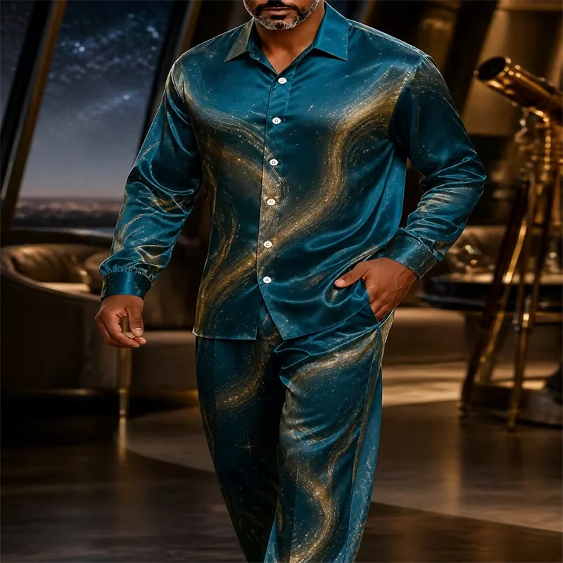 Men Satin 2 Piece Set Luxury Long Sleeve Lapel Shirt Straight Pants Suit Male Formal Party Wedding Outfit Men's Casual Tracksuit