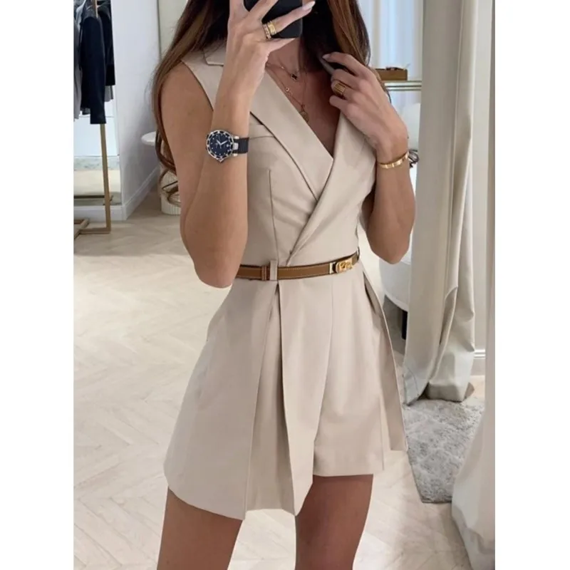 Elegant Jumpsuit For Women's New Fashion Sleeveless Lapel Slim Short Jumpsuit Streetwear Temperament Casual Office Lady Jumpsuit