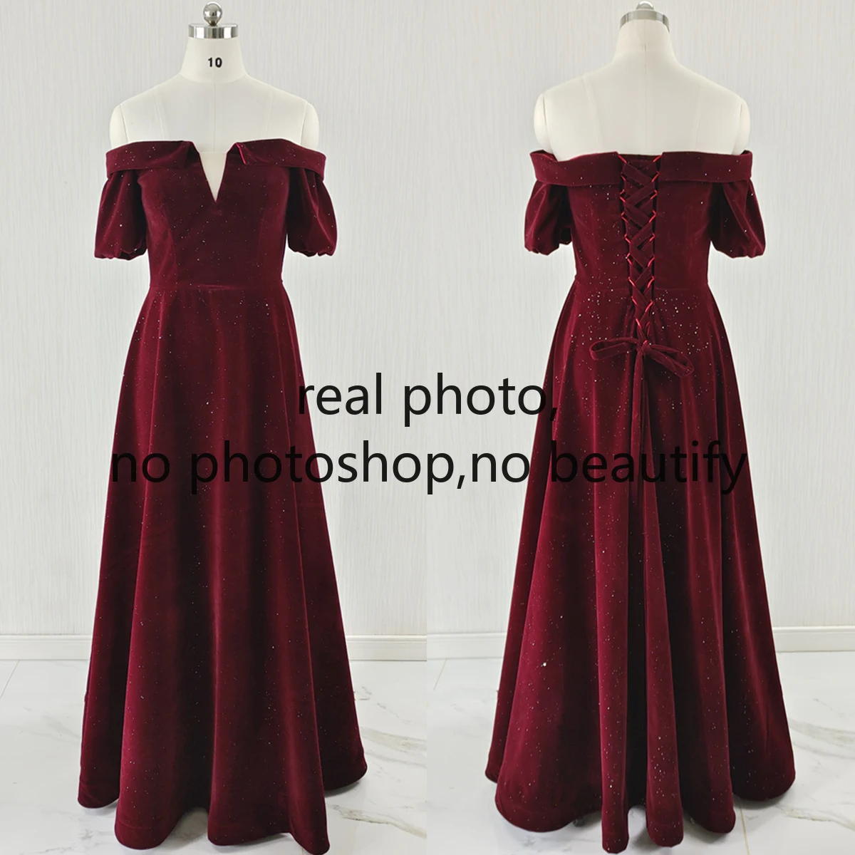 Gaun Malam Lengan Pendek Payet Panjang Lantai Leher Perahu Sederhana Burgundy Renda A-Line Velour Pesta Gaun Formal Wanita B1903