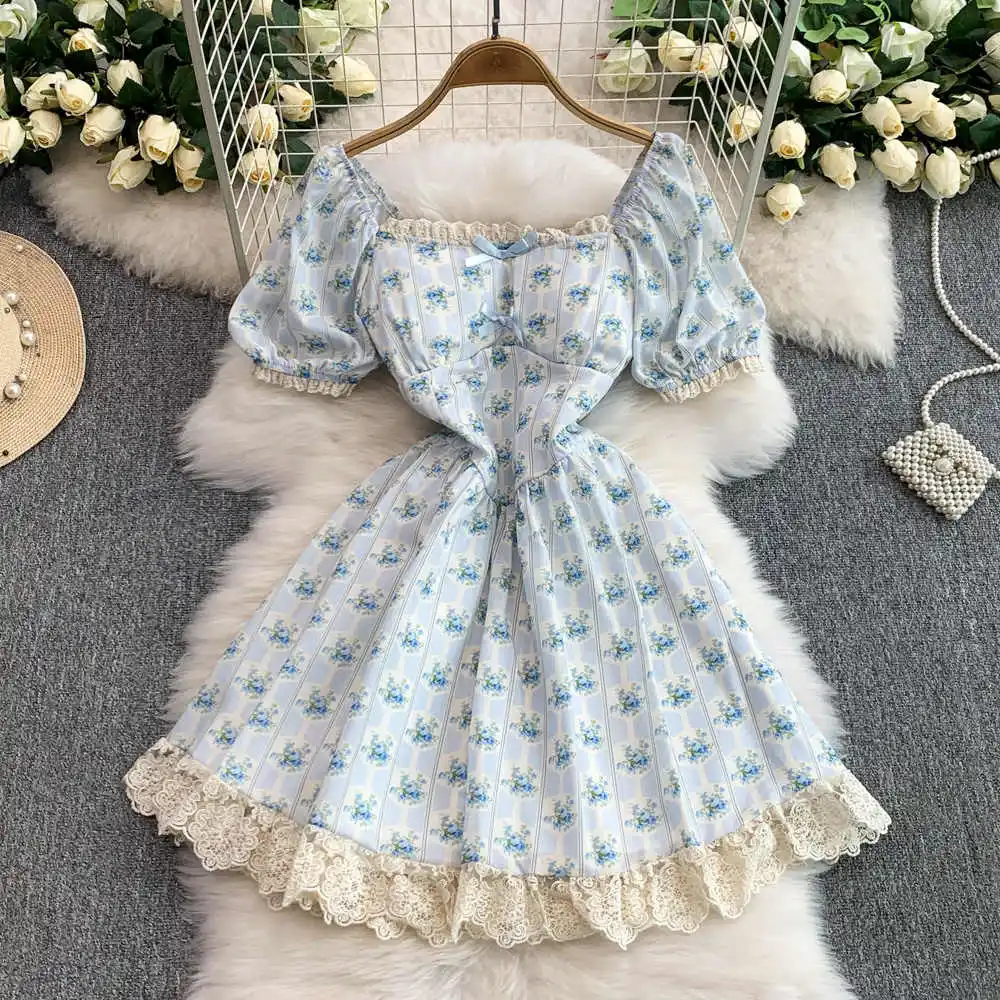 

Женское светло-голубое мини-платье трапециевидной формы с цветочным принтом, винтажное кружевное лоскутное платье Mori Girl, сарафан Y2k, одежда Cutecore, лето 2025