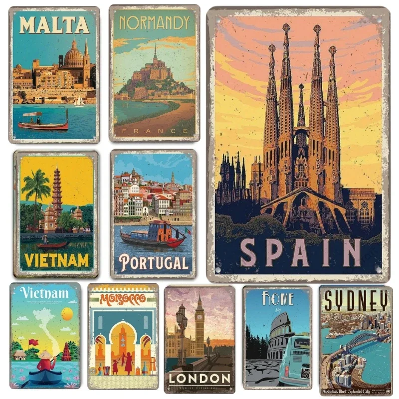 1pc Famous City Landscape Posters Vintage Budapest Malta Sydney Tin Plate Retro Home Wall Art Decor Room Decoration 8x12 Inch