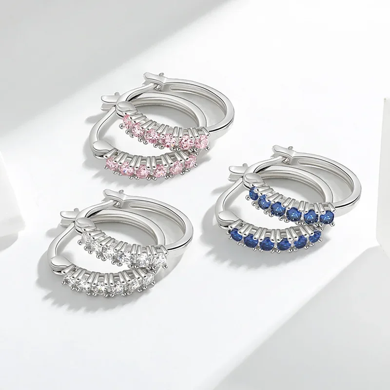 

925 Sterling Silver Trendy Arranged Cubic Zirconia Pink Blue White Crystal Hoop Earrings for Women Temperament Jewelry