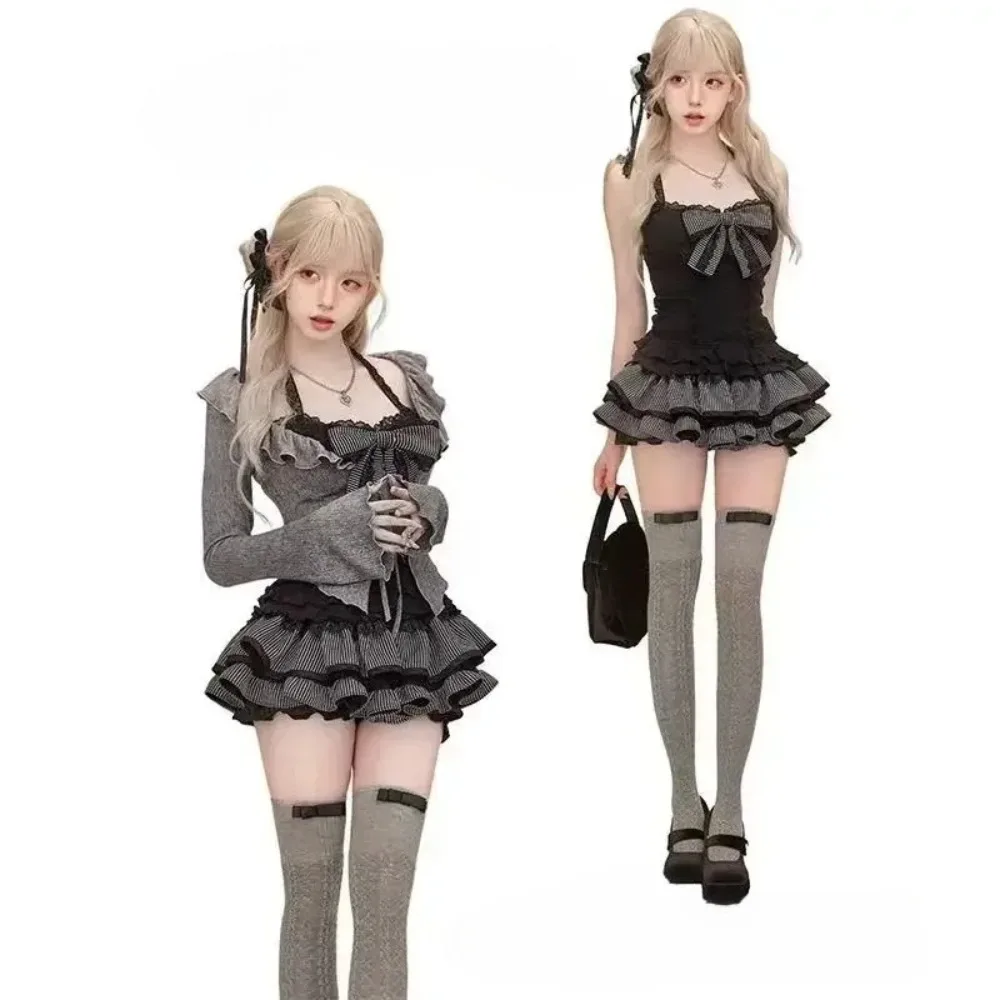

Autumn Winter Women Sweet Lolita Lace Up Ruffles Cardigan Sexy Slim Fit Strapless Vest Fashion Ruched Skirts Three Piece Sets