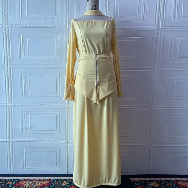 Elegant สีเหลืองชุดผู้หญิงฤดูใบไม้ร่วง 2025 ชุดราตรีปิดไหล่ง่ายชุดราตรีแขนยาวกระโปรงชุดอย่างเป็นทางการ