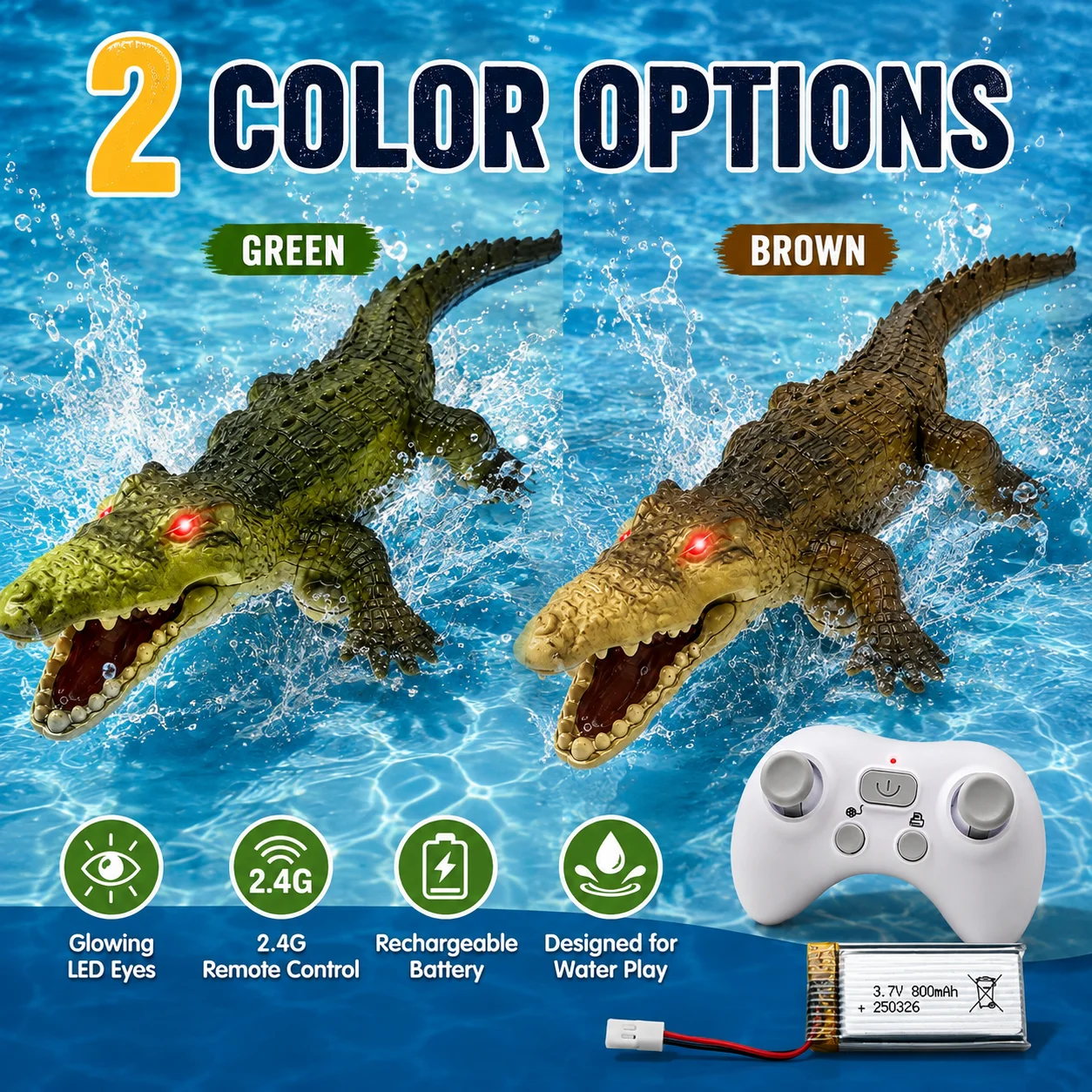 RC Crocodile Boat Toy 2.4G Waterproof Remote Control Alligator Boat with LED Eyes, Animal Water Toy for Pool Lake Bath Kids Gift