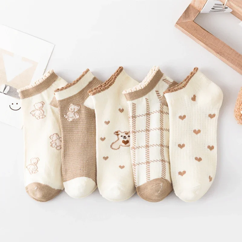 

5 Pairs/Lot Socks Women's Short Ankle Low Cut No-Show Set Kit Cotton White Cute Hearts School Summer Sports Ruffles Frilly Print