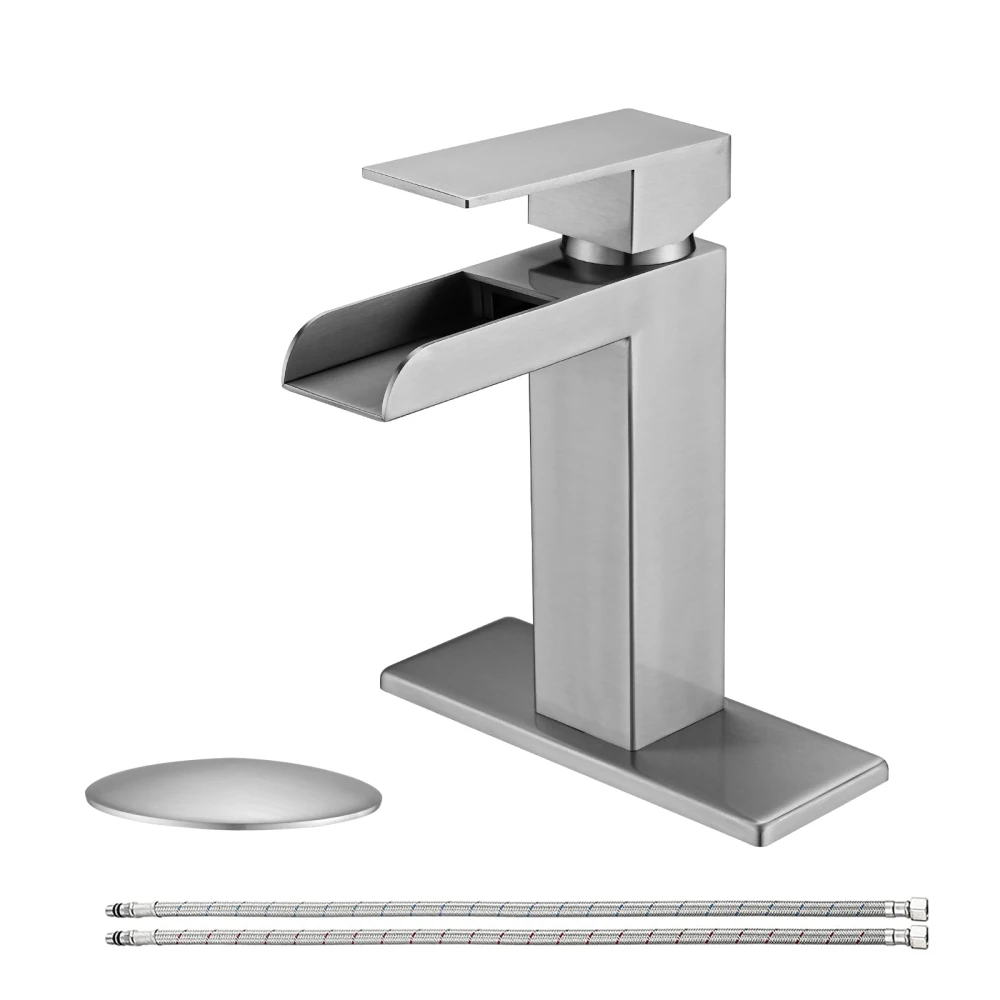 Waterfall Bathroom Faucet Brushed Nickel Single Handle Sink Faucets 1 or 3 Hole Solid Vanity Deck Plate Overflow Pop Up Drain