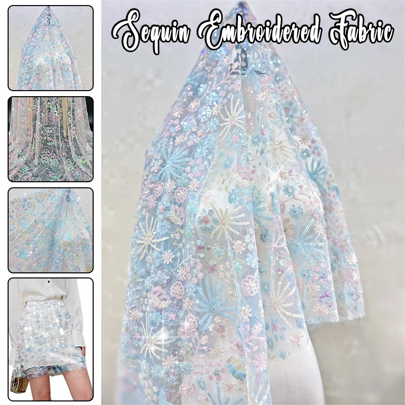 

1 Yards Sky Blue Sequin Fabric High Quality Embroidery Snowflake Tull Lace For Diy Sewing Dress Stage Costume Cheongsam